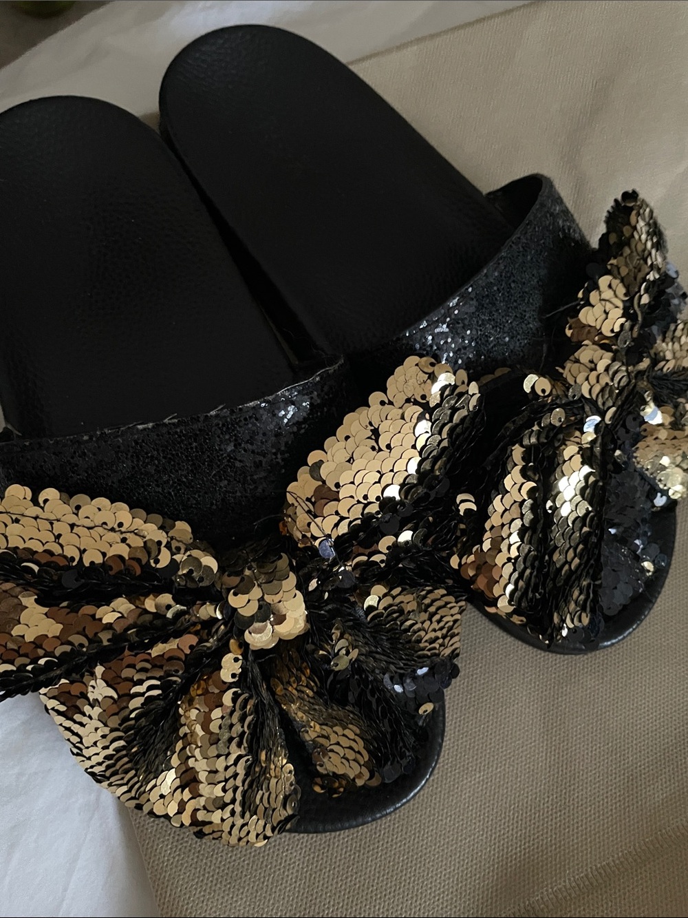 Sequin Bow Slide Sandals - Black & Gold